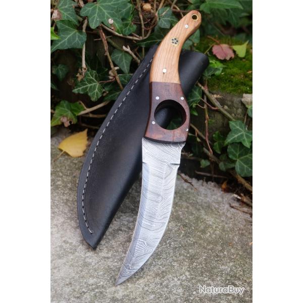 Couteau De Cuisine & Rando Lame Acier Damas 256 Couches Faon Huusk Etui Cuir Fabrication Artisanale