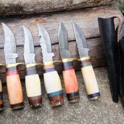 LOT DE 6 Couteau Skinner Damas Lame 256 Couches Manche Os Fabric Artisanale Etui Cuir