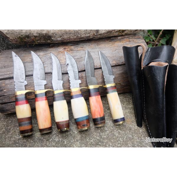 LOT DE 6 Couteau Skinner Damas Lame 256 Couches Manche Os Fabric Artisanale Etui Cuir