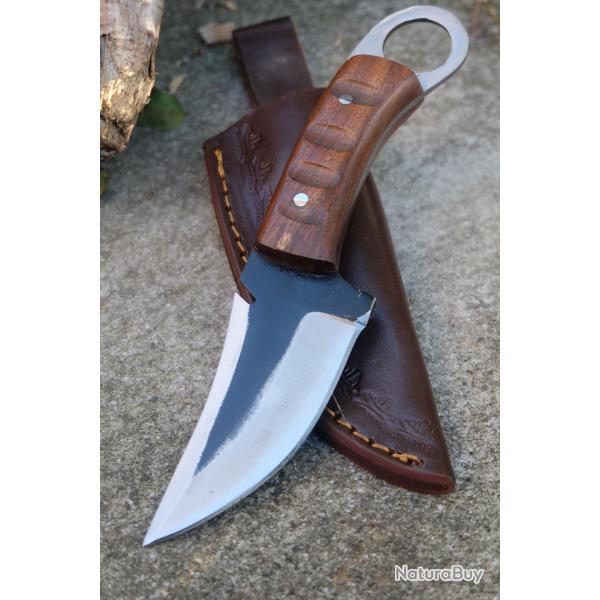 Couteau Karambit Mako Tactical Lame Acier Carbone 1075 Manche Bois Etui Cuir Fabr Artisanale