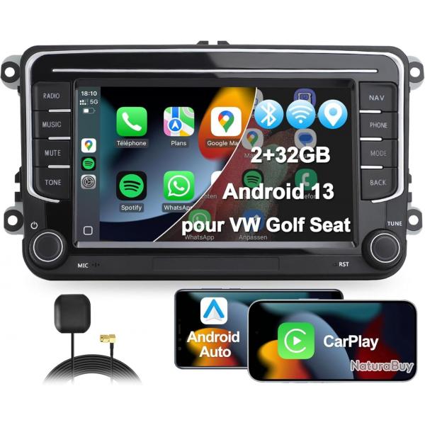 Autoradio 2DIN, 7" Radio Voiture pour VW Golf, Passat, Seat, Touran, Skoda, CarPlay & Android Auto,