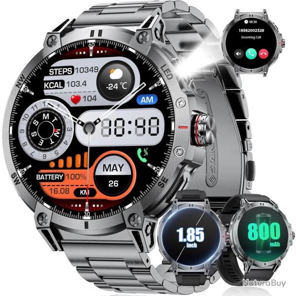 LIGE Montre Connecte Homme avec LED Lampe/1,85'' HD cran/800mAh, Smartwatch Homme avec Appel Bluet