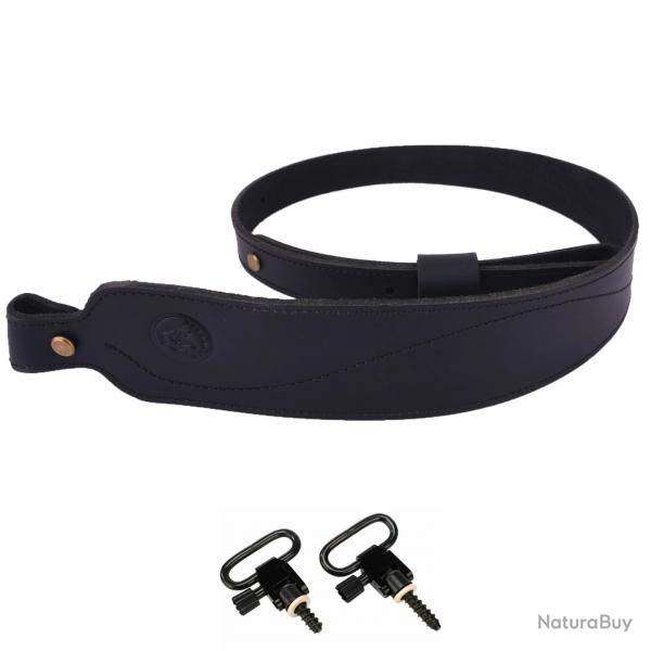 Sangle 2 Points Cuir Vachette pour Fusil Bandoulire Vintage Rglable 85-105 cm avec Emerillon Noir