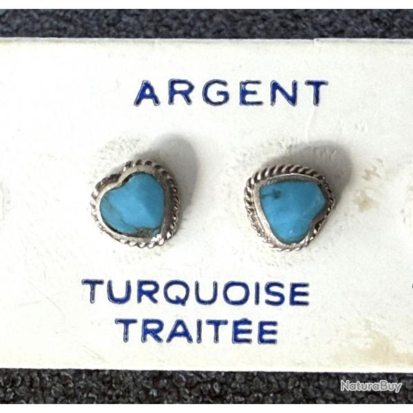 Boucles d'oreilles coeur en argent et turquoise