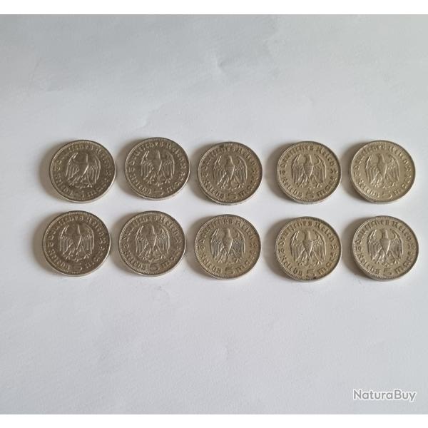 Investissement Argent ou Collection Lot 10 X 5 Reichsmarks 1935 - 1936 Hindenburg ,140g , WWII,WW2