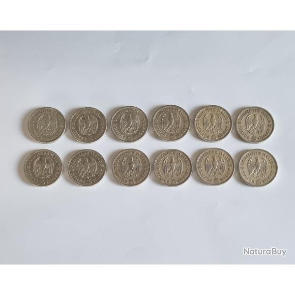 Investissement Argent ou Collection Lot 12 X 5 Reichsmarks 1935 - 1936 Hindenburg , 167g ,  WWII,WW2