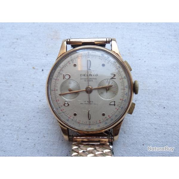 524- chronomtre vintage , vers 1960 ,,,  Suisse en or massif 18 K ,, marque = DELRIO
