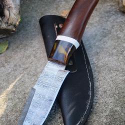 Poignard Puukko Couteau Lame Acier Damas 256 Couches Harpoon Manche Bois Fab Artisanale Etui Cuir