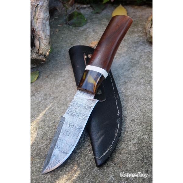 Poignard Puukko Couteau Lame Acier Damas 256 Couches Harpoon Manche Bois Fab Artisanale Etui Cuir