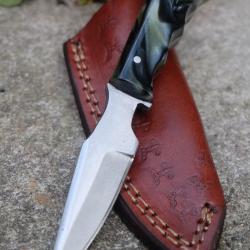 Couteau Tactical Kiridashi Lame Acier Carbone 1055 Manche Abs Marbre Etui Cuir Fabrication Artisanat