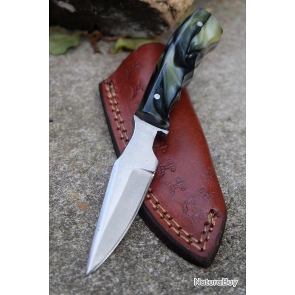 Couteau Tactical Kiridashi Lame Acier Carbone 1055 Manche Abs Marbre Etui Cuir Fabrication Artisanat