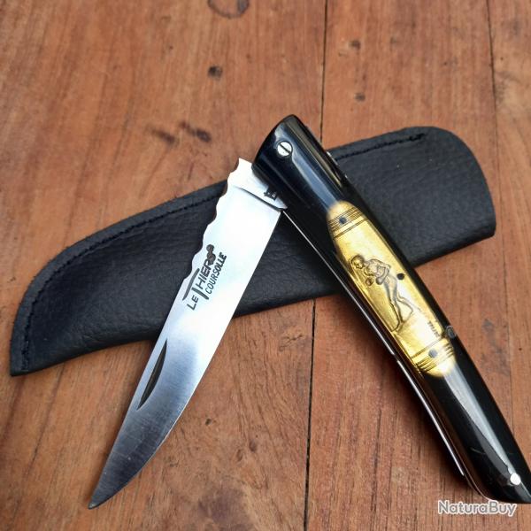 Magnifique Couteau LE THIERS  par COURSOLLE  Manche en Rsine Insert Laiton avec tui en cuir
