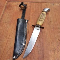 Joli Couteau de Chasse SABATIER Manche en Bois de Cerf avec Étui en cuir
