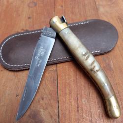 Magnifique Couteau Régional LAGUIOLE MAKI Manche en Corne de Bélier avec Étui en cuir