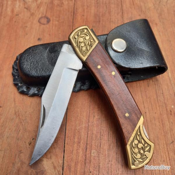 Grand Couteau de Chasse Pliant Manche en Bois avec tui en Cuir