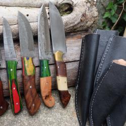 Lot de 5 Skinner Poignard Couteau Damas Lame 256 Couches + 1 Carbone Manche Bois Etui Cuir F Artisan