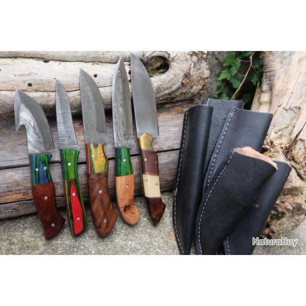 Lot de 5 Skinner Poignard Couteau Damas Lame 256 Couches + 1 Carbone Manche Bois Etui Cuir F Artisan