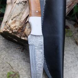 Bushcraft Couteau de Chasse Lame Acier Damas 256 Couches Manche Bois/Résine Etui Cuir F Artisanale01