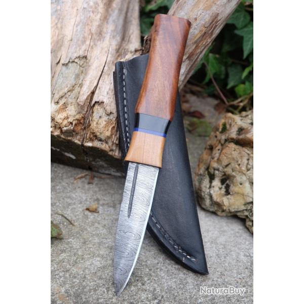 Couteau Dague Scottish Dirk Lame Acier Damas 256 Couches Manche Bois Etui Cuir Fabric Artisanale