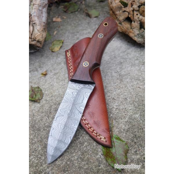 Couteau Skinner Damas Lame Drop Point Acier 256 Couches Manche Bois de Rose Etui Cuir Fabr Artisan