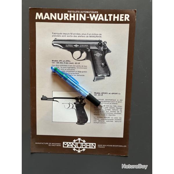 Flyer Feuillet technique Manurhin pistolet Walther PP PPK PPK/S SPORT C 22lr 32acp 38acp