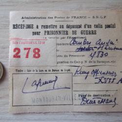 récépissé envoi colis par la SNCF pour prisonnier de guerre 1943 document militaire