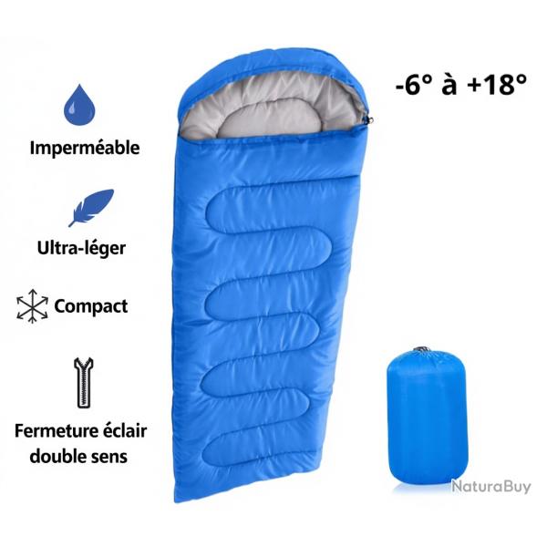 Sac de Couchage 220x85cm - Confort 4 Saisons -6° à +18° - Imperméable - Livraison rapide - Bleu