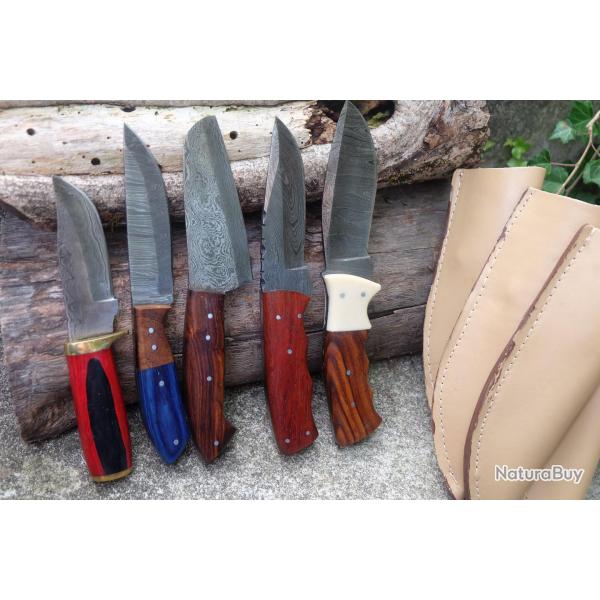 Lot de 5 Skinner Poignard Couteau Damas Lame 256 Couches Manche Bois Fabrication Artisanale 01