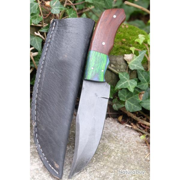 Bushcraft Couteau de Chasse Survie Lame Acier Carbone 1055 Manche 2 Bois Etui Cuir Fabric Artisanale