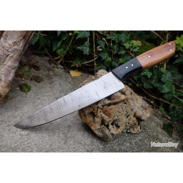 Couteau De Cuisine de Chef Lame Acier Damas 256 Couches Manche Bois/Micarta Fabric Artisanale