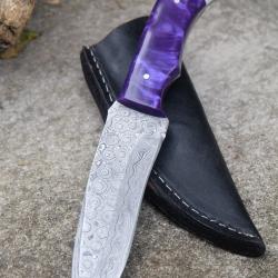 Couteau Karambit Lame Acier Damas 256 Couches Manche Purple Etui Simili Cuir Fabrication Artisanale