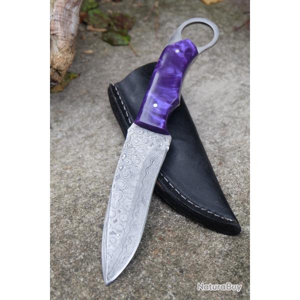 Couteau Karambit Lame Acier Damas 256 Couches Manche Purple Etui Simili Cuir Fabrication Artisanale