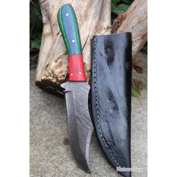 Skinner Bowie Couteau de Chasse Damas Lame 256 Couches Manche 2 Bois Fabric Artisanale Etui Cuir 01