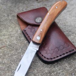 Couteau de Grand Père Lame Acier Inox Manche Bois D'Olivier Fabric Artisanale Linerlock Etui CUir