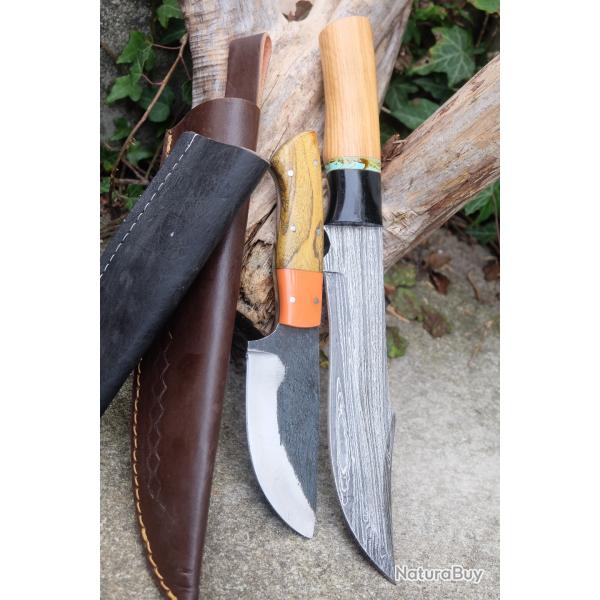 Set de Couteaux De Trappeur Chasse Bowie Lame Acier Damas & 1 Carbone 1075 Etui Cuir Manche Bois