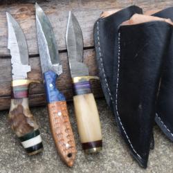 LOT DE 3 Couteaux Little Skinner 2 Damas & 1 Lame Carbone 1075 Manche Fabric Artisanale Etui Cuir