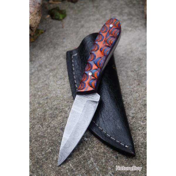 Skinner Couteau de Chasse Damas Lame 256 Couches Manche Bois Blue/Red 3D Fabr Artisanale Etui Cuir01
