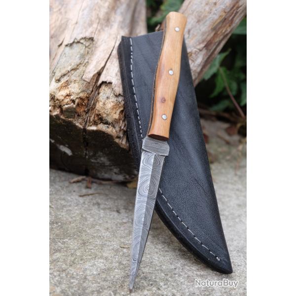 Couteau Dague Scottish Dirk Lame Acier Damas 256 Couches Manche Bois Olivier Etui Cuir Artisanale