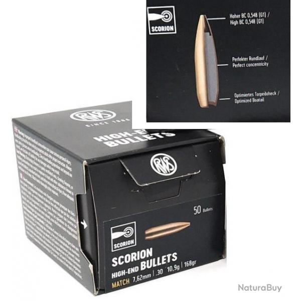 Ogives RWS SCORION MATCH - Cal. 30 - dia .308 - 168grs - Boite de 50 units