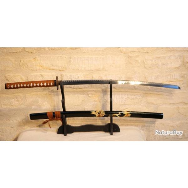 KATANA sabre japonais fourreau laqu noir avec dragon - ref EBR24JAP016