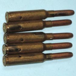 2ème GM : cinq cartouches de 6,5 mm (6,5x52) Carcano/Stati, étuis laiton (B).