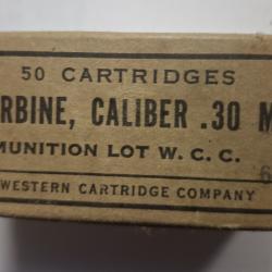 POUR COLLECTIONNEUR BOITE  VIDE DE MUNITION  EN CARTON D ORIGINE CAL 30 US CARBINE EPOQUE WW2