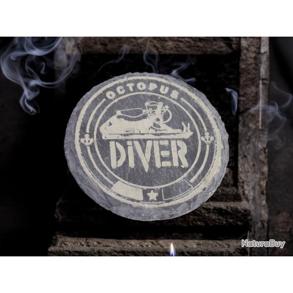 sous-verre rond en ardoise 10cm : Octopus Diver / RAID - plongeur sous-marin