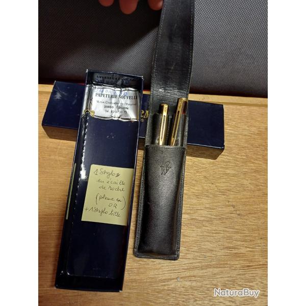 Superbe parure stylo plume et stylo bille WATERMAN + boite + tui en cuir 1990