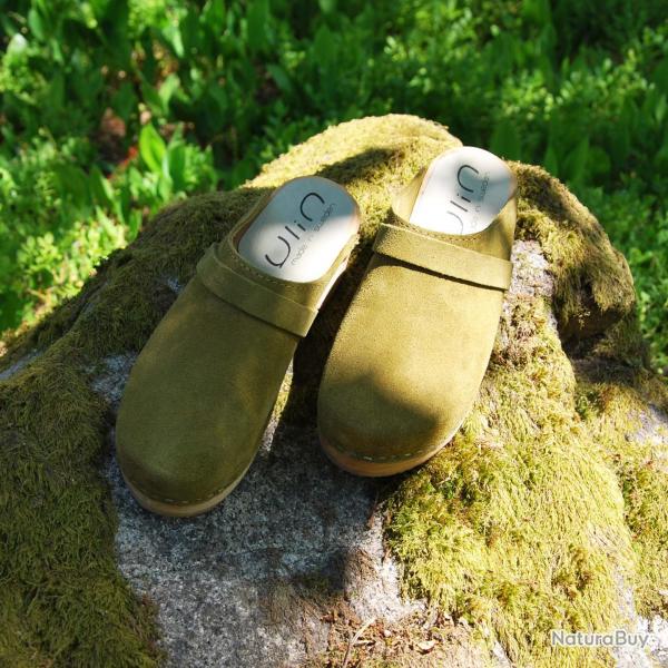 Sabots suédois femme en daim nubuck velours luxe 39 vert kaki