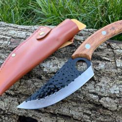 COUTEAU DE DECOUPE NORDIQUE 27CM LAME EFFET BRUT ETUI CUIR enchère