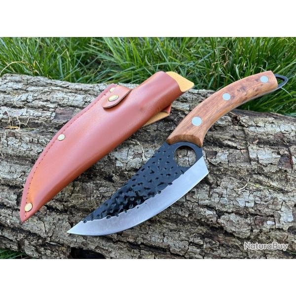 COUTEAU DE DECOUPE NORDIQUE 27CM LAME EFFET BRUT ETUI CUIR enchère