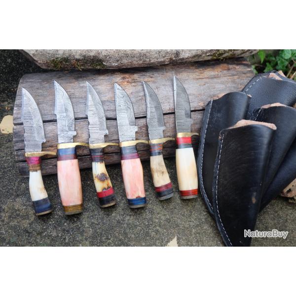 LOT DE 6 Couteau Skinner Damas Lame 256 Couches Manche Os & Bois Cerf Fabric Artisanale Etui Cuir