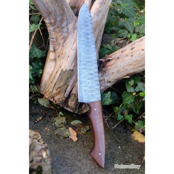 Couteau De Cuisine de Chef Lame Martele Acier Damas 256 Couches Manche Bois Fabric Artisanale