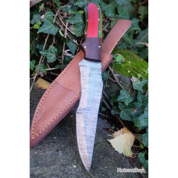 BIG Skinner Couteau de Chasse Damas Lame 256 Couches Manche Bois Automne Fabr Artisanat Etui Simili
